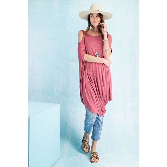 Uneven Short Sleeve Tunic in Marsala - Picture 1 of 5